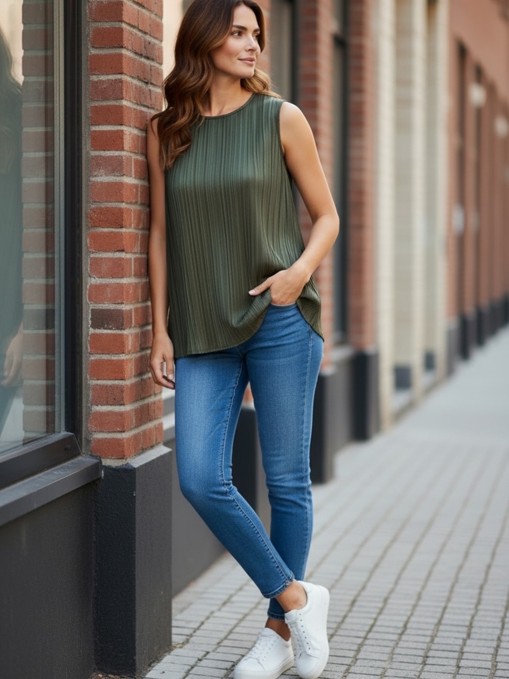 LOFT Olive Pleated Sleeveless Blouse